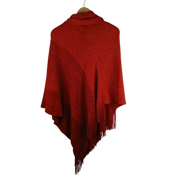 Chico's One Size Red Metallic Point Front Poncho Cowel Neck Asymmetrical Fringe - Picture 4 of 5